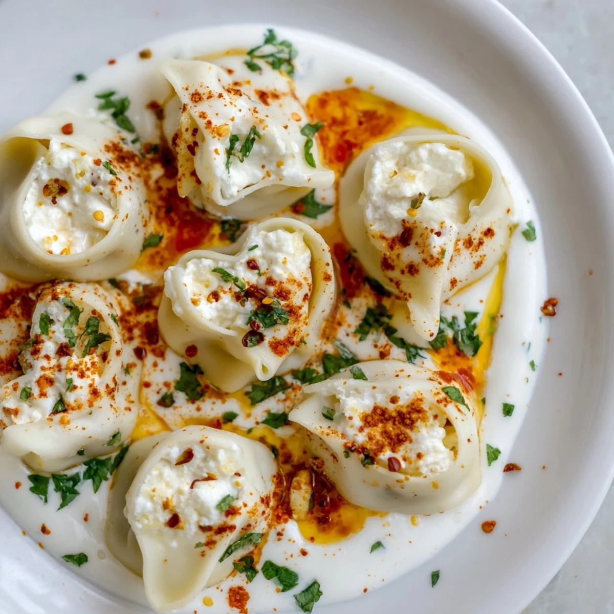 Steaming Turkish cheesy manti dumplings topped with tangy yogurt sauce and spiced butter drizzle.