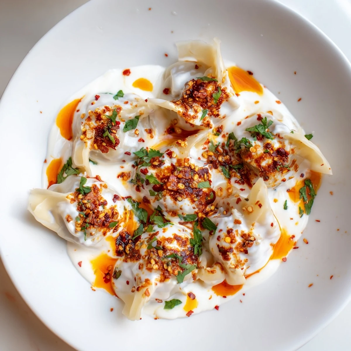 A beautiful plate of homemade Turkish cheesy manti, with delicate dumplings and a creamy yogurt base.