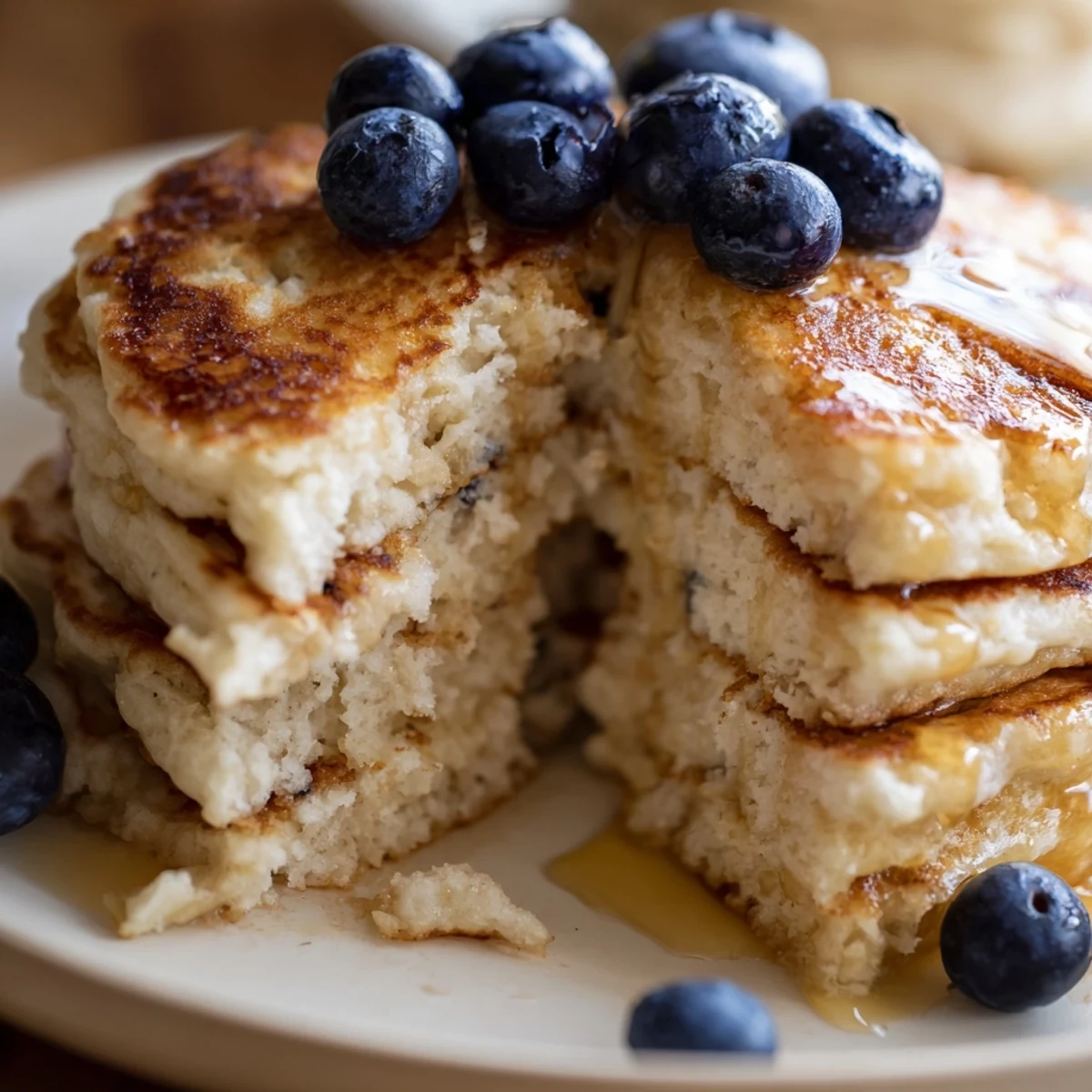 Fluffy cottage cheese pancakes golden-brown on a skillet, topped with fresh berries and a drizzle of maple syrup for a healthy breakfast.  