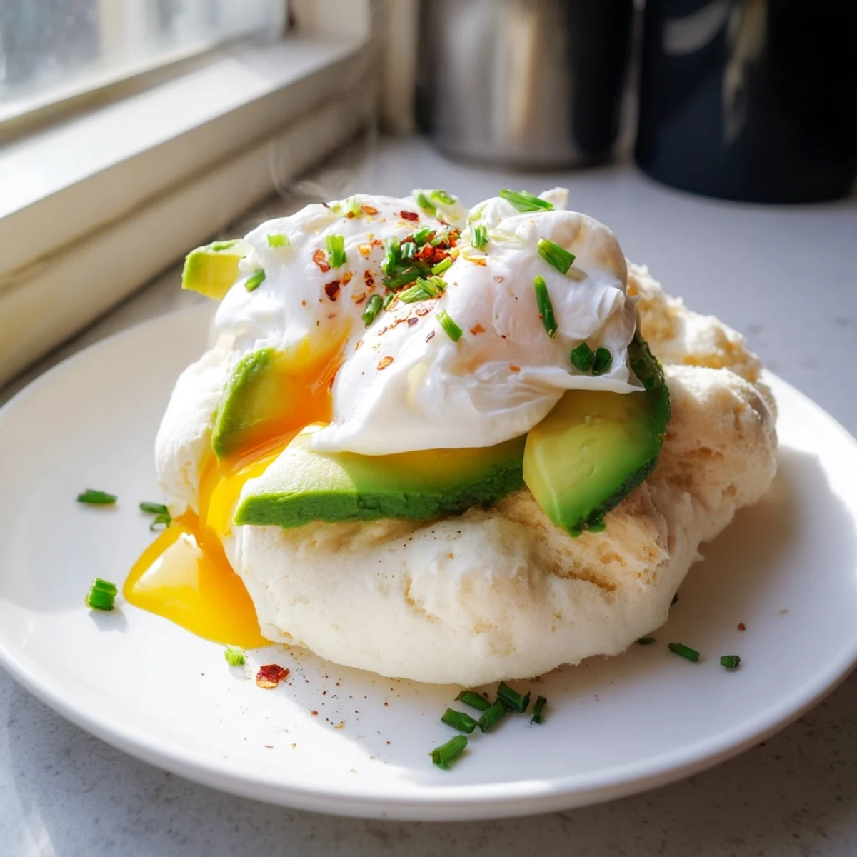 Golden-brown Cloud Bread Breakfast Clouds topped with creamy avocado slices and a perfectly poached egg, served on a white plate.