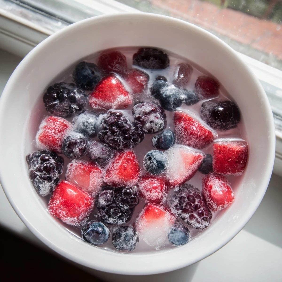 Vibrant Nature's Cereal Bowl brimming with juicy strawberries, blueberries, raspberries, and blackberries, swimming in crisp coconut water over ice.