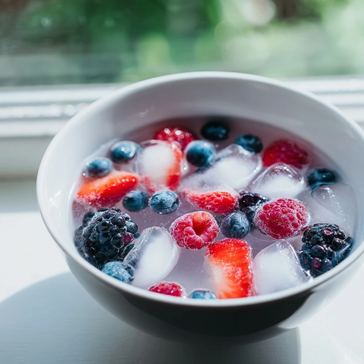 Fresh Nature's Cereal Bowl served in chilled coconut water over ice, garnished with vibrant mixed berries for a refreshing vegan breakfast.
