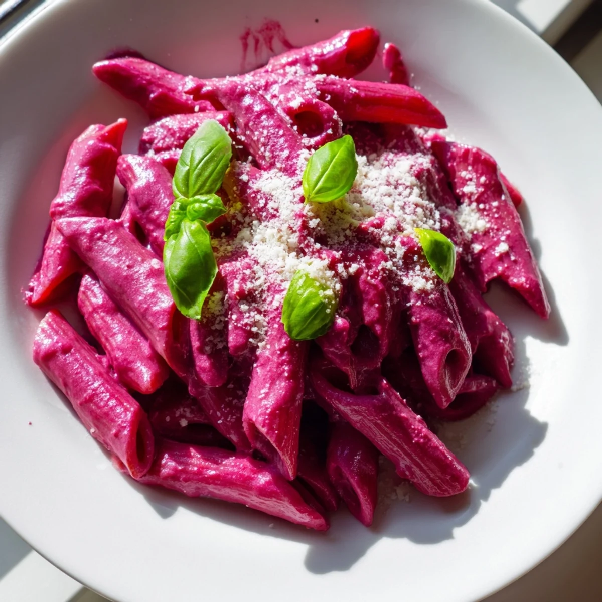 Creamy beet-infused pasta topped with basil leaves and extra Parmesan, served on a white ceramic plate for dinner.