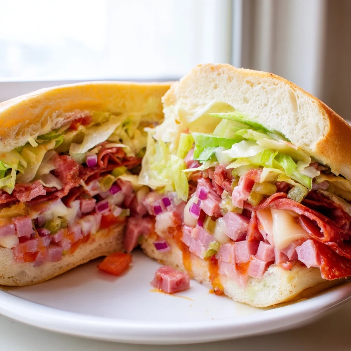 A close-up view of a chopped Italian grinder sandwich, layered with diced salami, pepperoni, provolone, and crisp veggies on a toasted hoagie roll.  