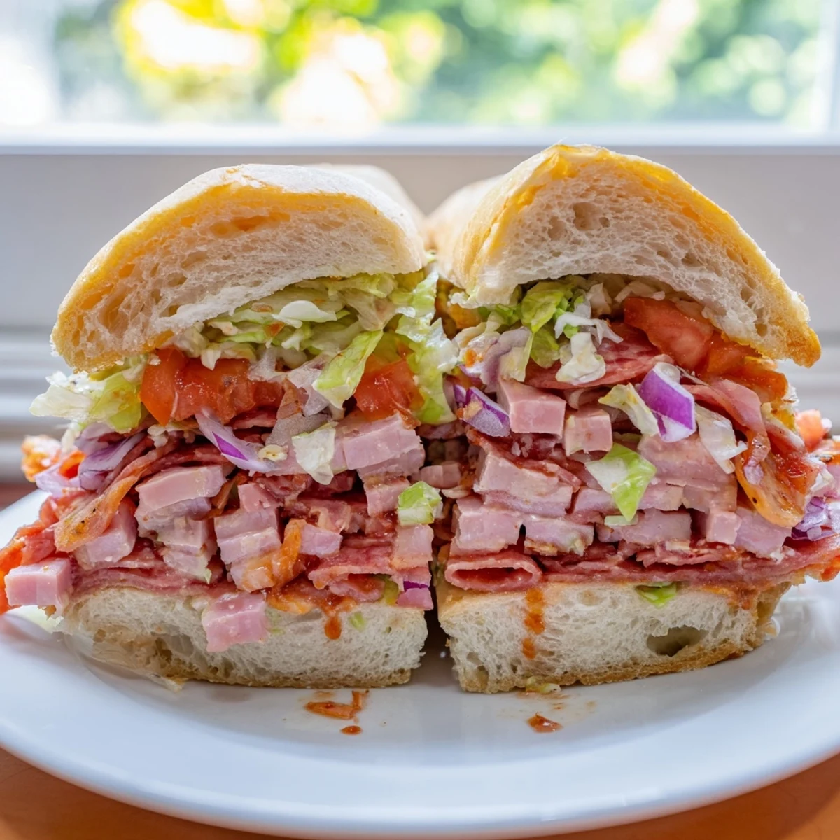 A fully assembled chopped Italian grinder sandwich, ready to eat, featuring vibrant red tomatoes, green lettuce, and zesty pepperoncini peppers.  