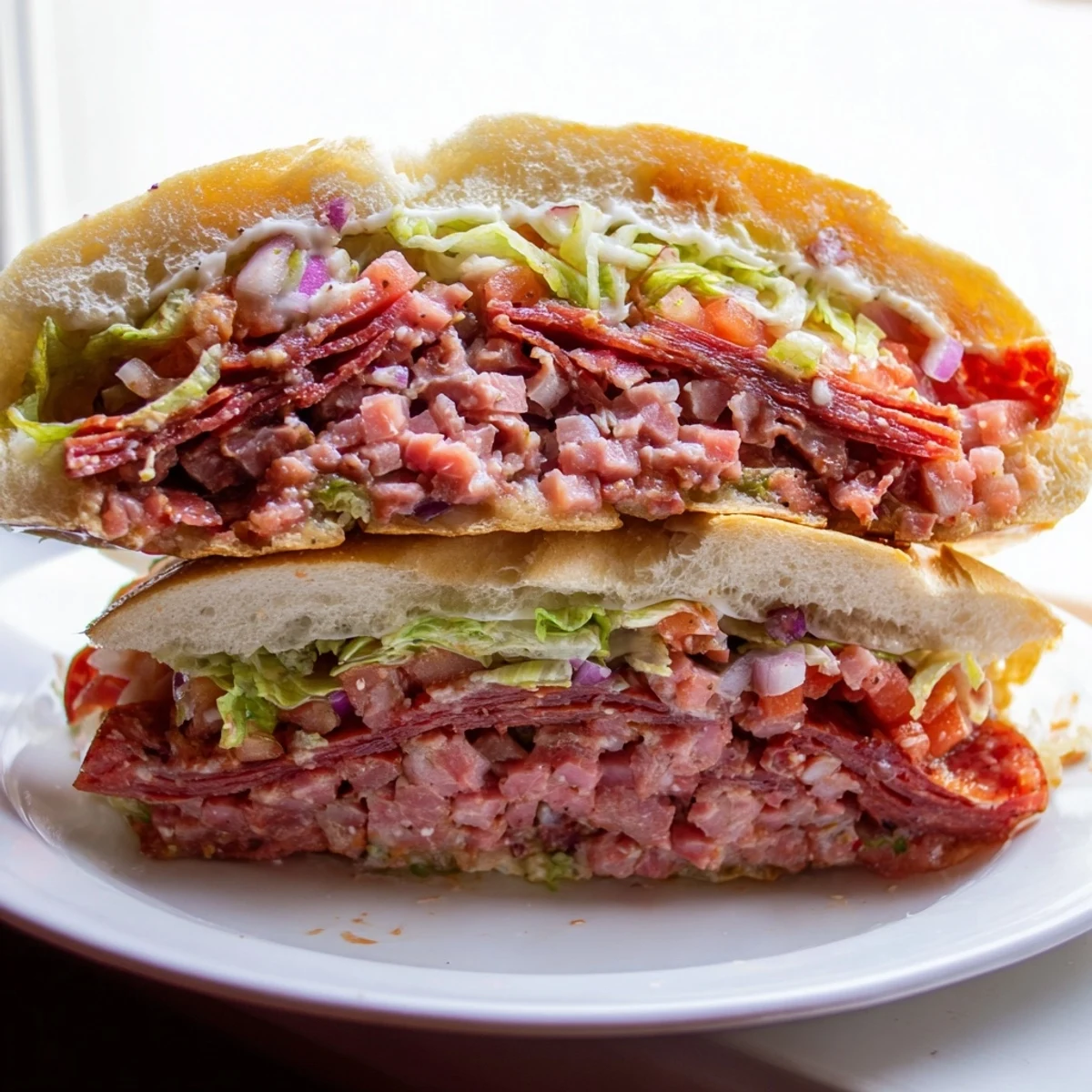 A rustic kitchen scene shows a chopped Italian grinder sandwich on a cutting board, surrounded by fresh ingredients and a small bowl of dressing.