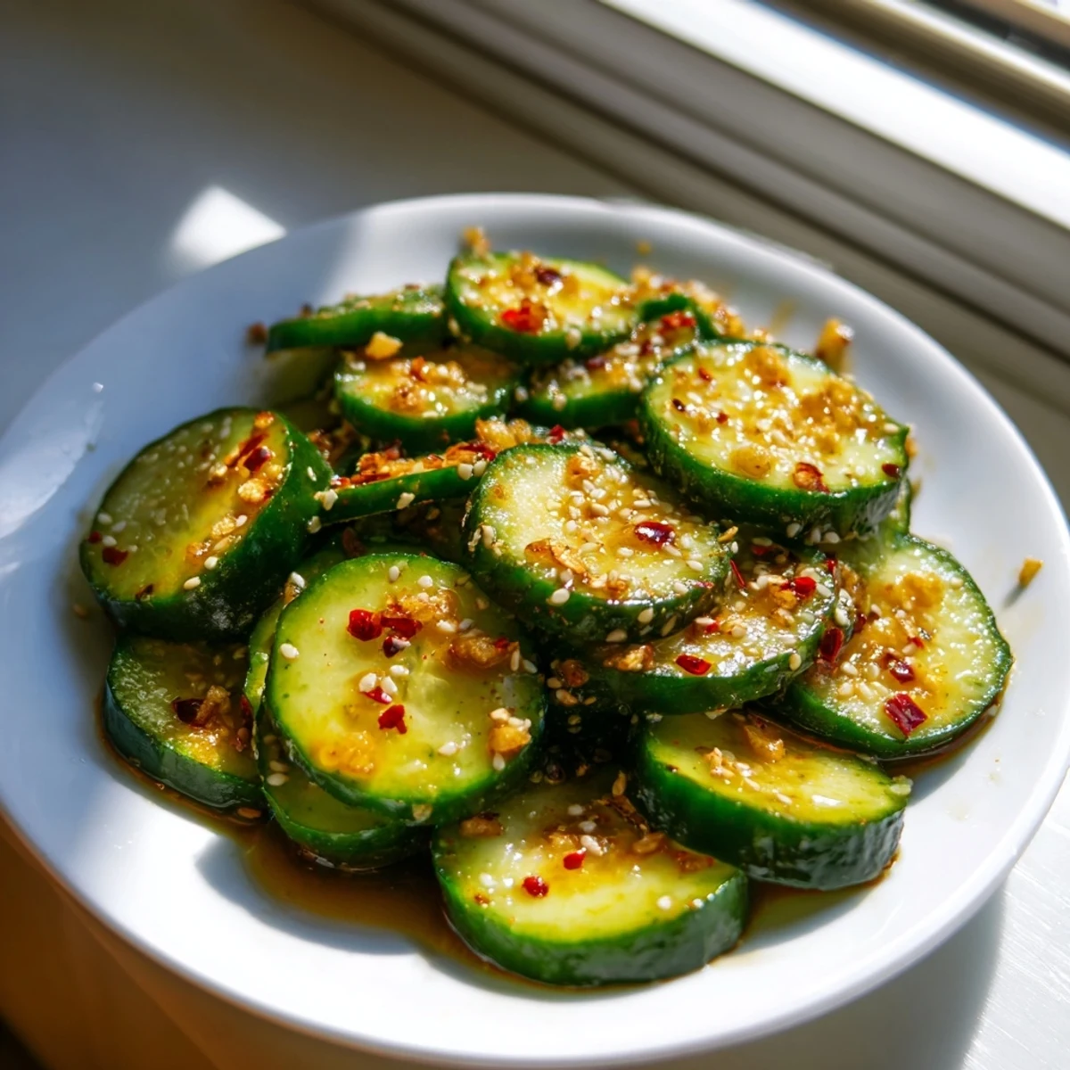Shake Shake Garlic Cucumbers, glistening with sesame oil, soy sauce, and chili flakes, piled high in a white bowl.  