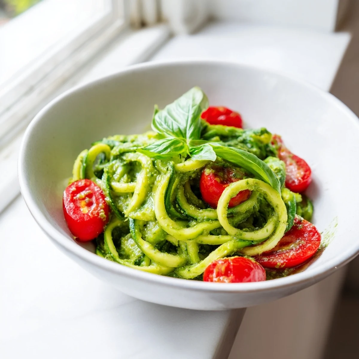 Fresh zucchini noodles tossed with creamy avocado pesto and juicy tomatoes, ready to serve.  