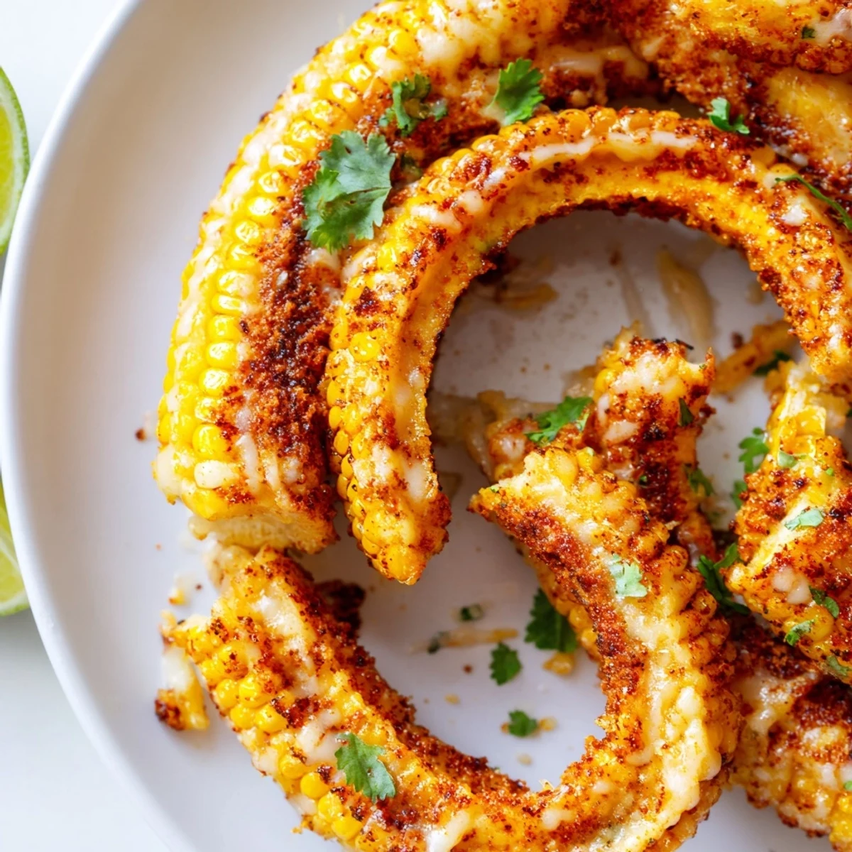 Freshly roasted cheesy corn ribs featuring charred edges, vibrant spices, and gooey cheese, finished with a bright squeeze of lime on a rustic platter.