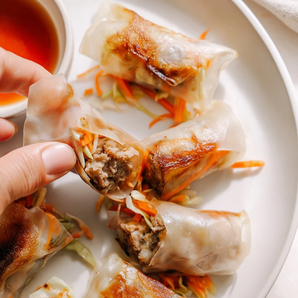 Golden Crispy Rice Paper Dumplings pan-fried and served with a tangy dipping sauce.