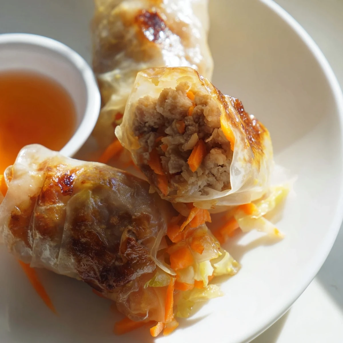 Stack of Crispy Rice Paper Dumplings with fresh herbs and chili dipping sauce.