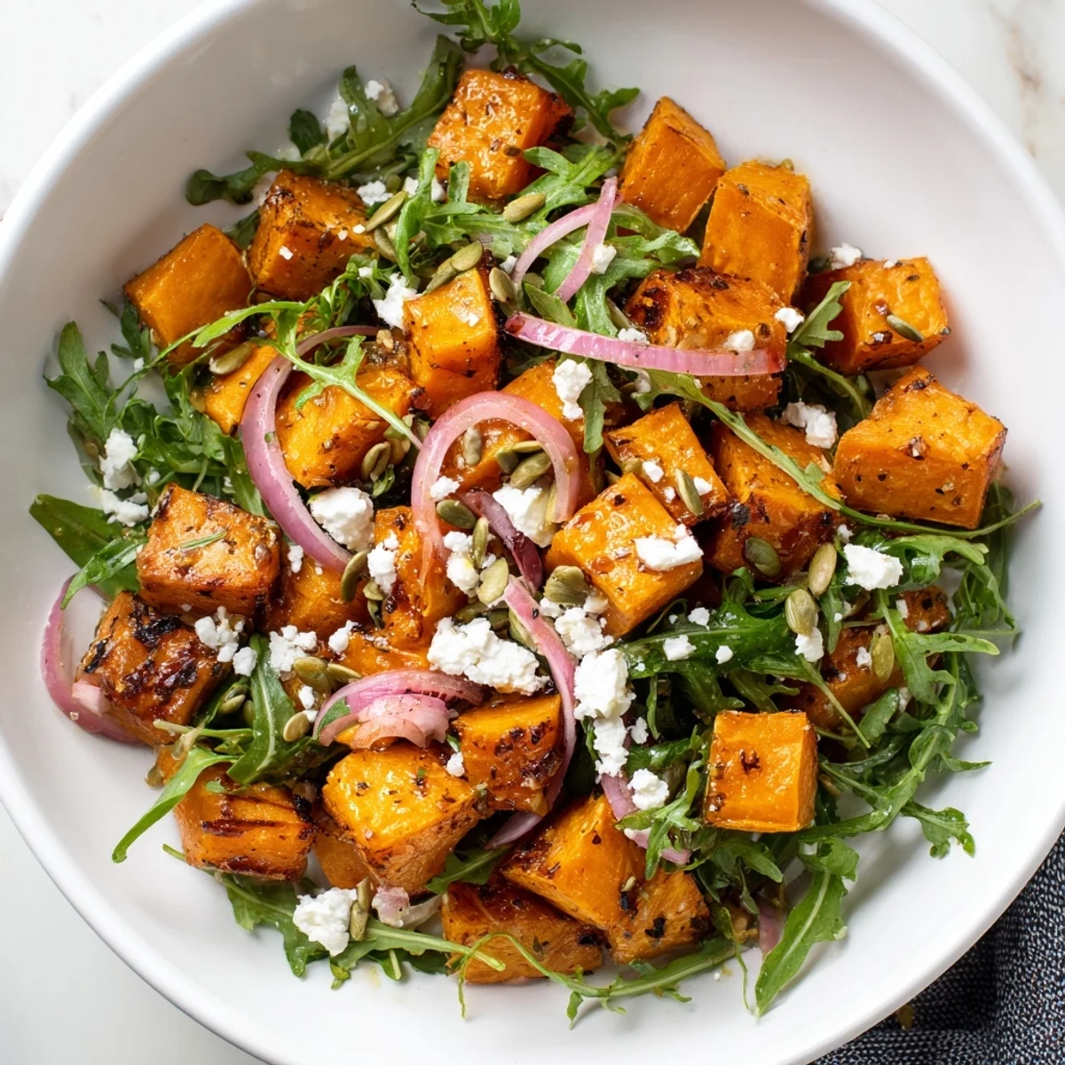 Roasted Sweet Potato Salad with golden roasted cubes, peppery arugula, crumbled feta, and a honey-lime drizzle served on a white plate.