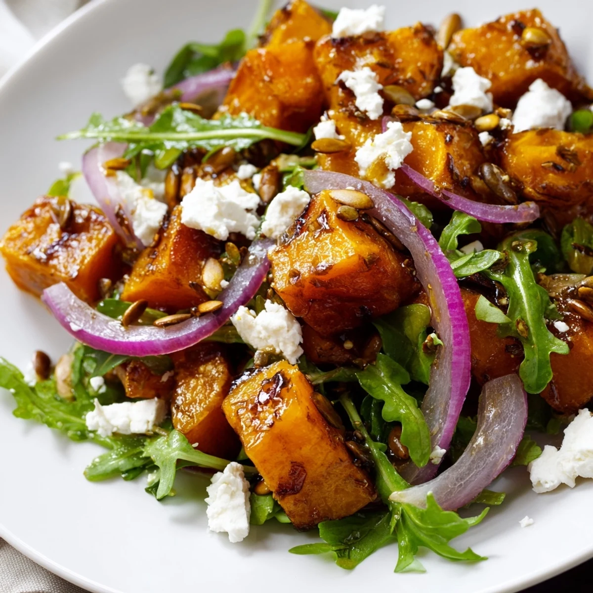 Roasted Sweet Potato Salad topped with creamy feta and honey-lime dressing, paired with a glass of wine for an easy vegetarian dinner side.