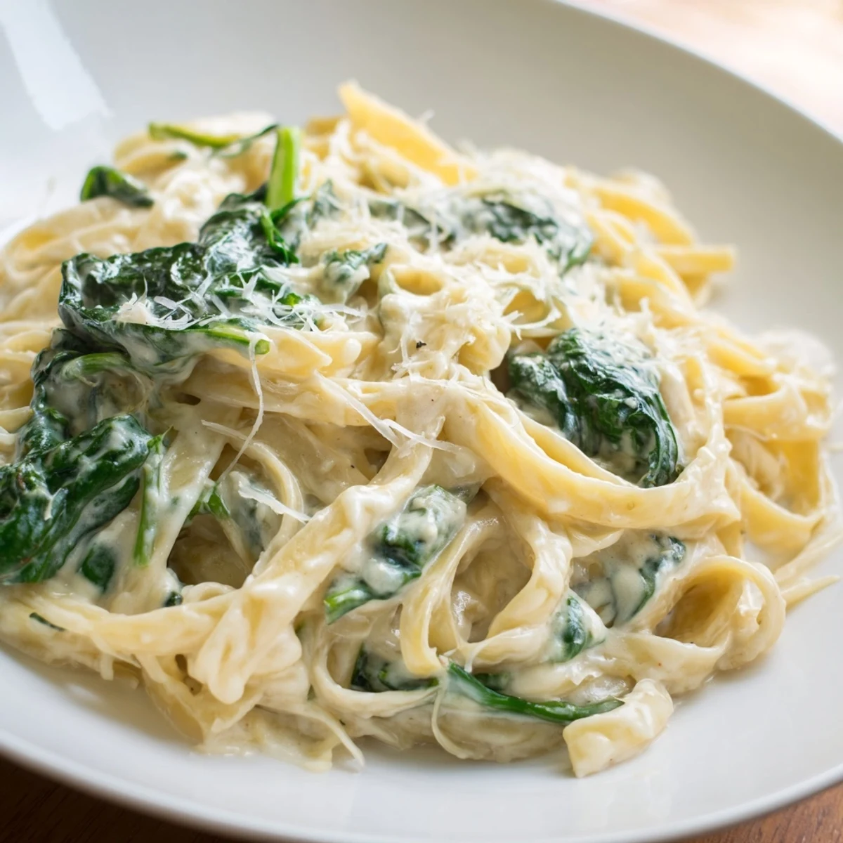 A close-up of creamy garlic spinach pasta on a white plate, garnished with fresh parsley and shaved Parmesan.