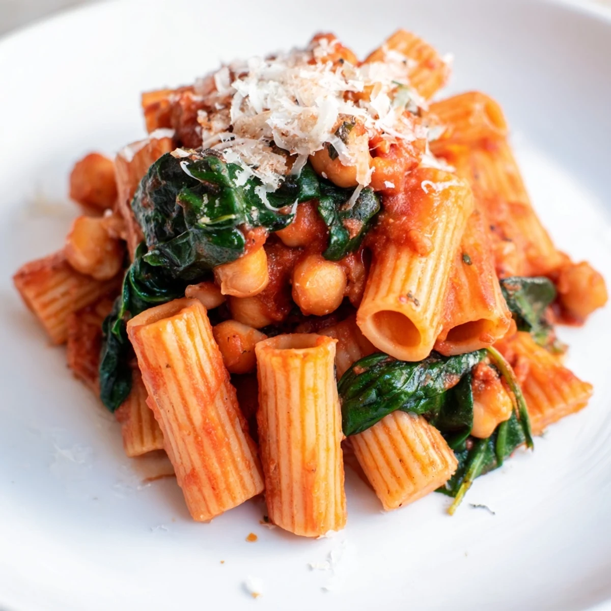 Steaming bowls of Creamy Tuscan Chickpea Pasta pair with fresh basil and Parmesan, perfect for a cozy vegetarian dinner.  