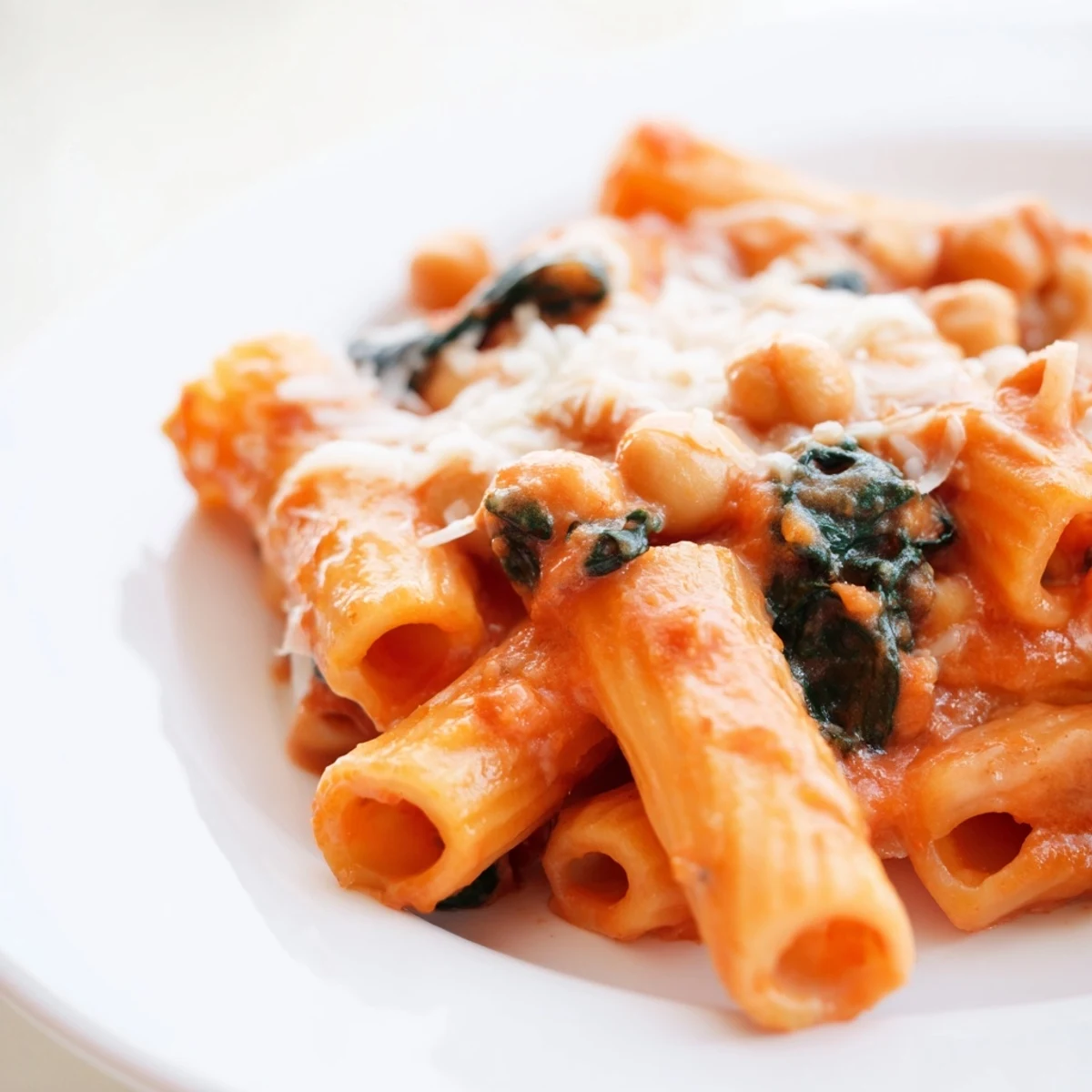 Creamy Tuscan Chickpea Pasta twirls in a skillet with al dente pasta, chickpeas, spinach, and a garlic-tomato cream sauce.  
