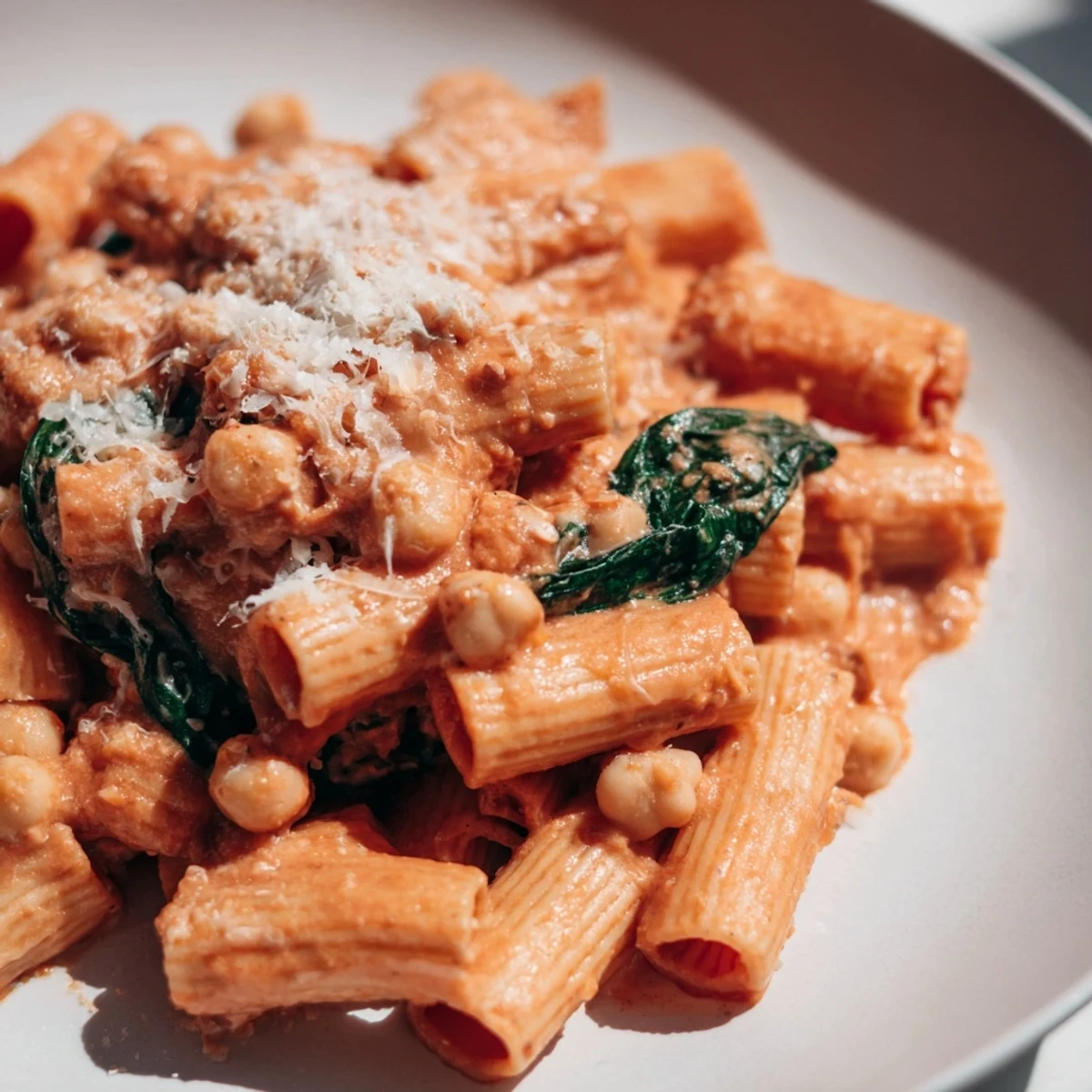In a skillet, Creamy Tuscan Chickpea Pasta simmers with tomatoes, chickpeas, and spinach in a silky Parmesan cream sauce.