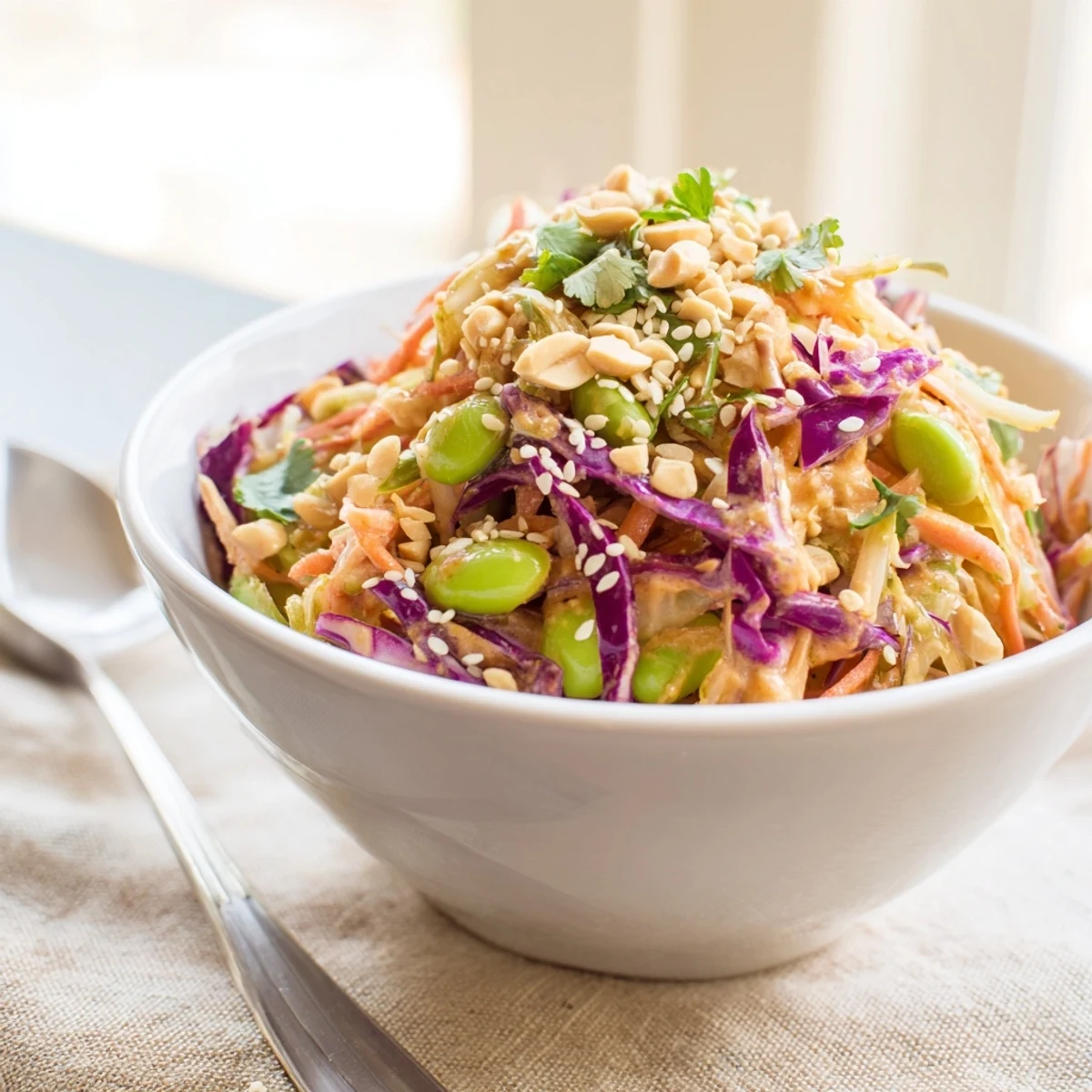 A close-up of Crunchy Thai Peanut Salad with vibrant cabbage, carrots, and edamame tossed in creamy peanut dressing.  