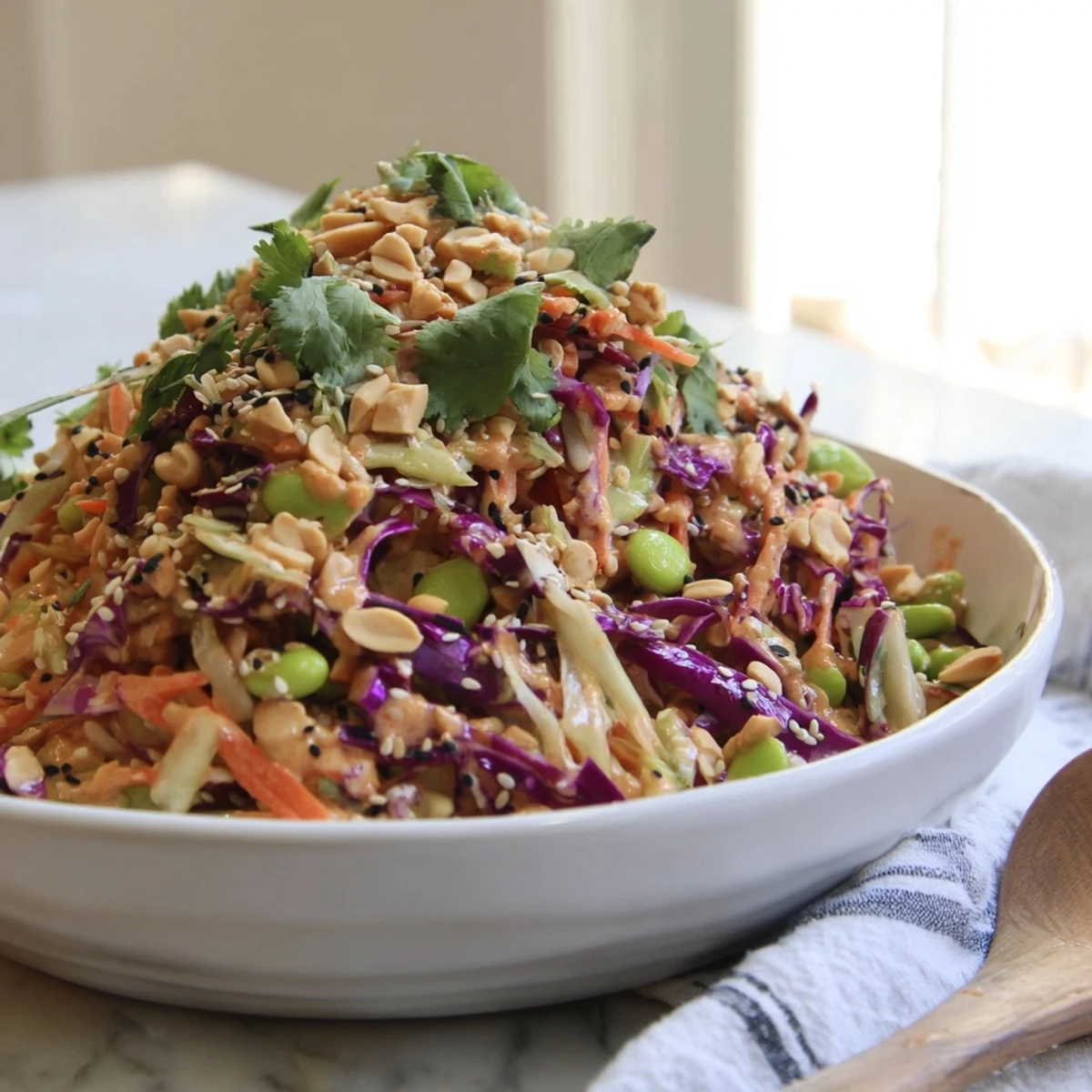 Serving suggestion for Crunchy Thai Peanut Salad topped with chopped peanuts and fresh cilantro on a rustic plate.  