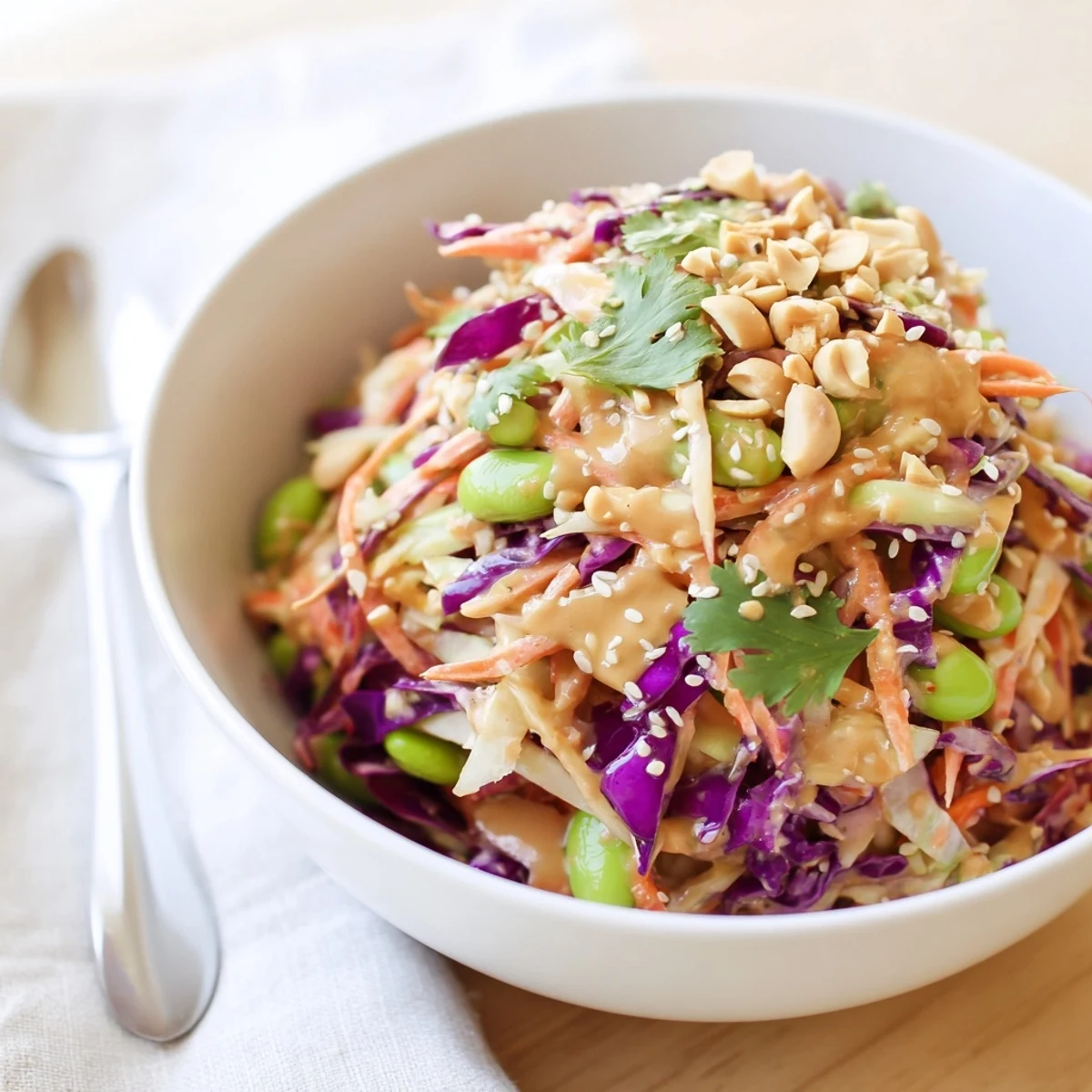 Freshly prepared Crunchy Thai Peanut Salad showcasing colorful vegetables and a tangy peanut-lime dressing for a healthy side dish.