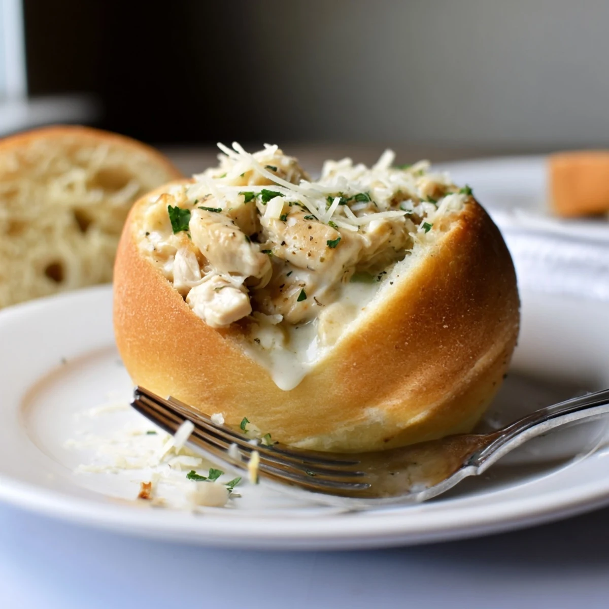 A golden bread bowl brimming with creamy chicken Alfredo, topped with melted Parmesan and fresh parsley.  