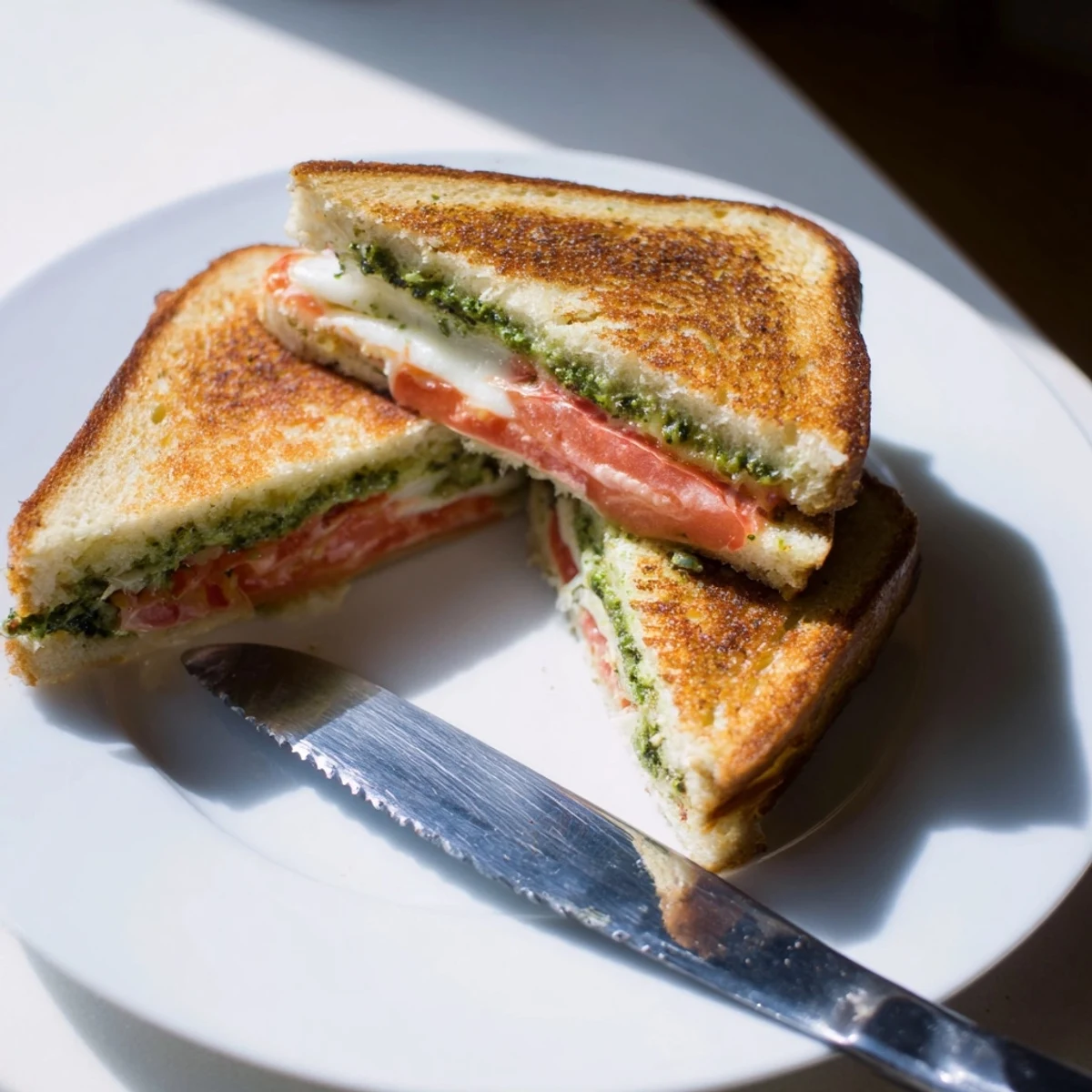 Golden-brown Caprese Pesto Grilled Cheese sandwich sliced diagonally on a wooden board, revealing melted mozzarella and vibrant tomato layers.