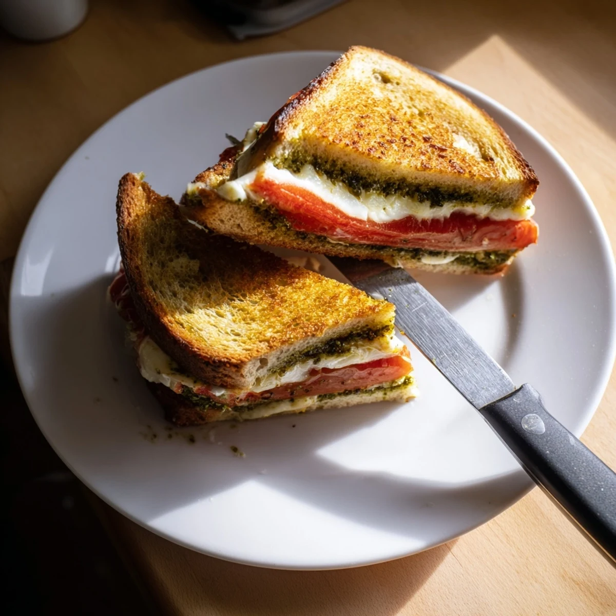 Caprese Pesto Grilled Cheese being lifted from a cast iron skillet, showing gooey melted cheese and bright pesto spread.