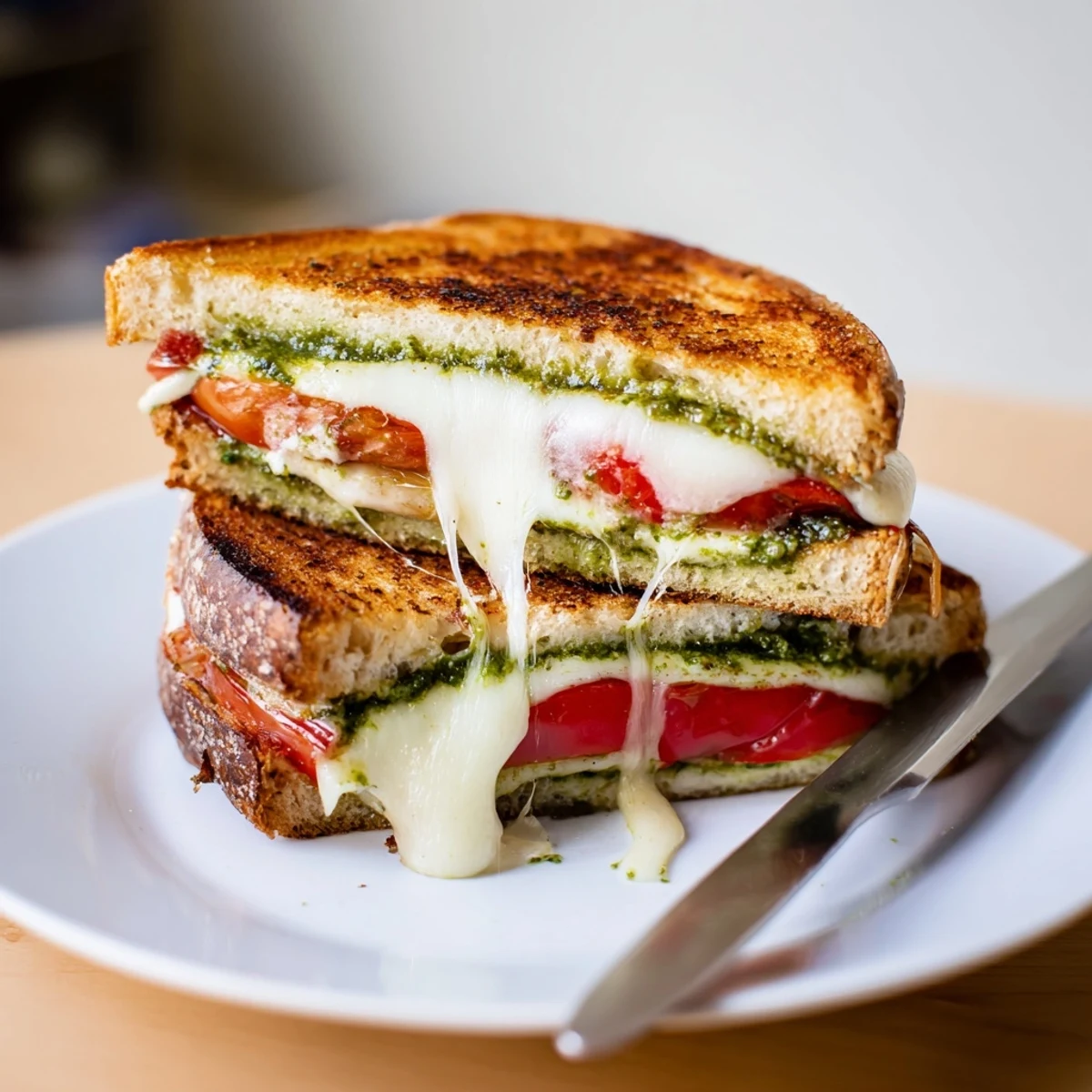 Close-up view of a Caprese Pesto Grilled Cheese with crispy sourdough crust and fresh basil garnish, ready to serve.