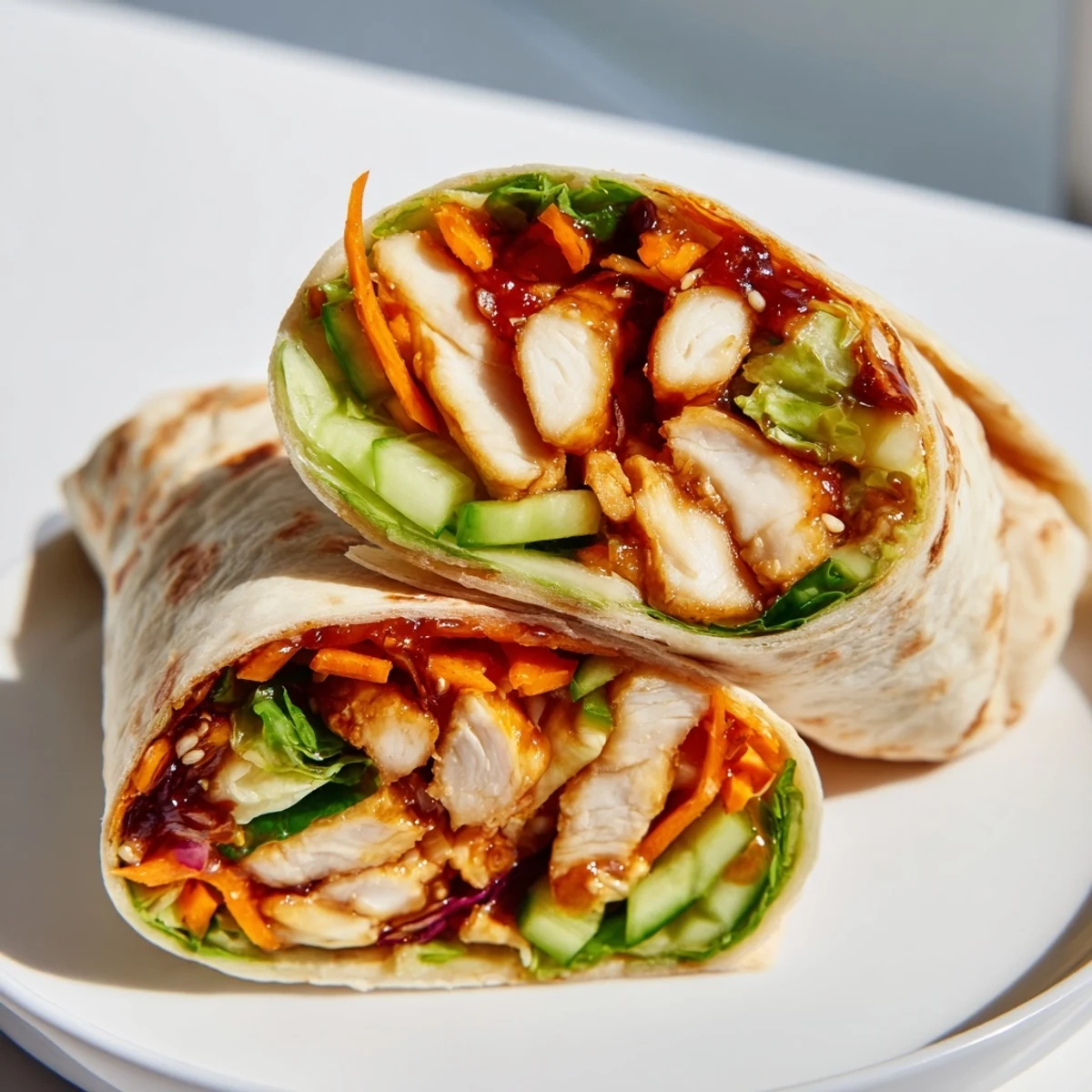 Sliced Honey Chili Crunch Chicken Wrap on a wooden board with fresh lettuce and crunchy vegetables.