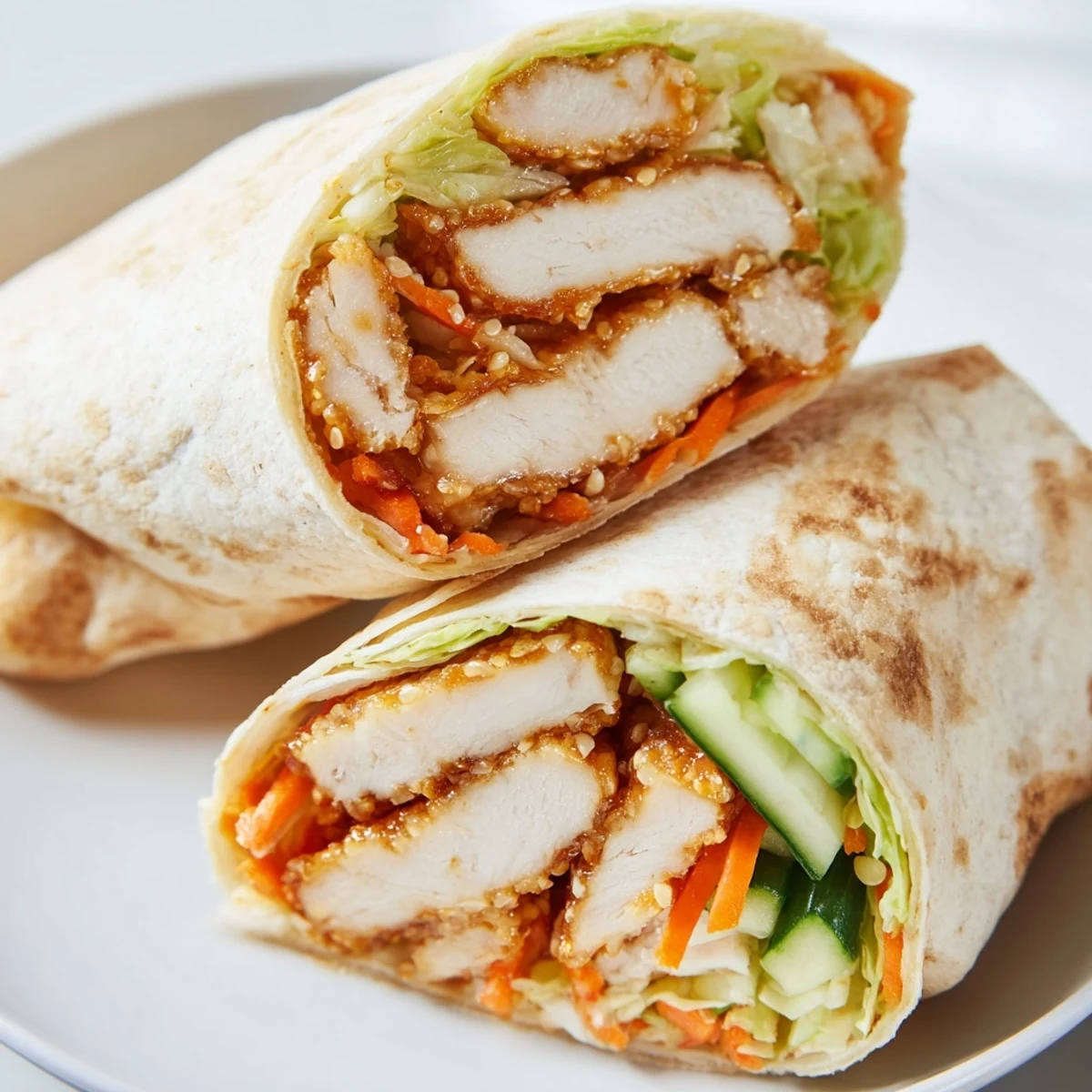 Warm Honey Chili Crunch Chicken Wrap stuffed with juicy chicken, crisp veggies, and sweet-spicy sauce.