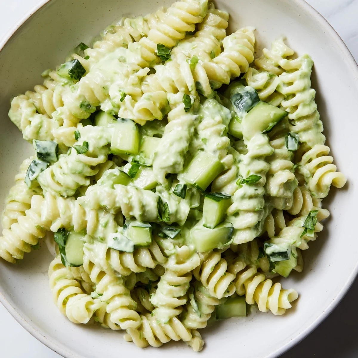 A vibrant Green Goddess Pasta Salad in a white bowl, showcasing fusilli pasta tossed with crisp diced cucumber and creamy avocado-yogurt dressing.