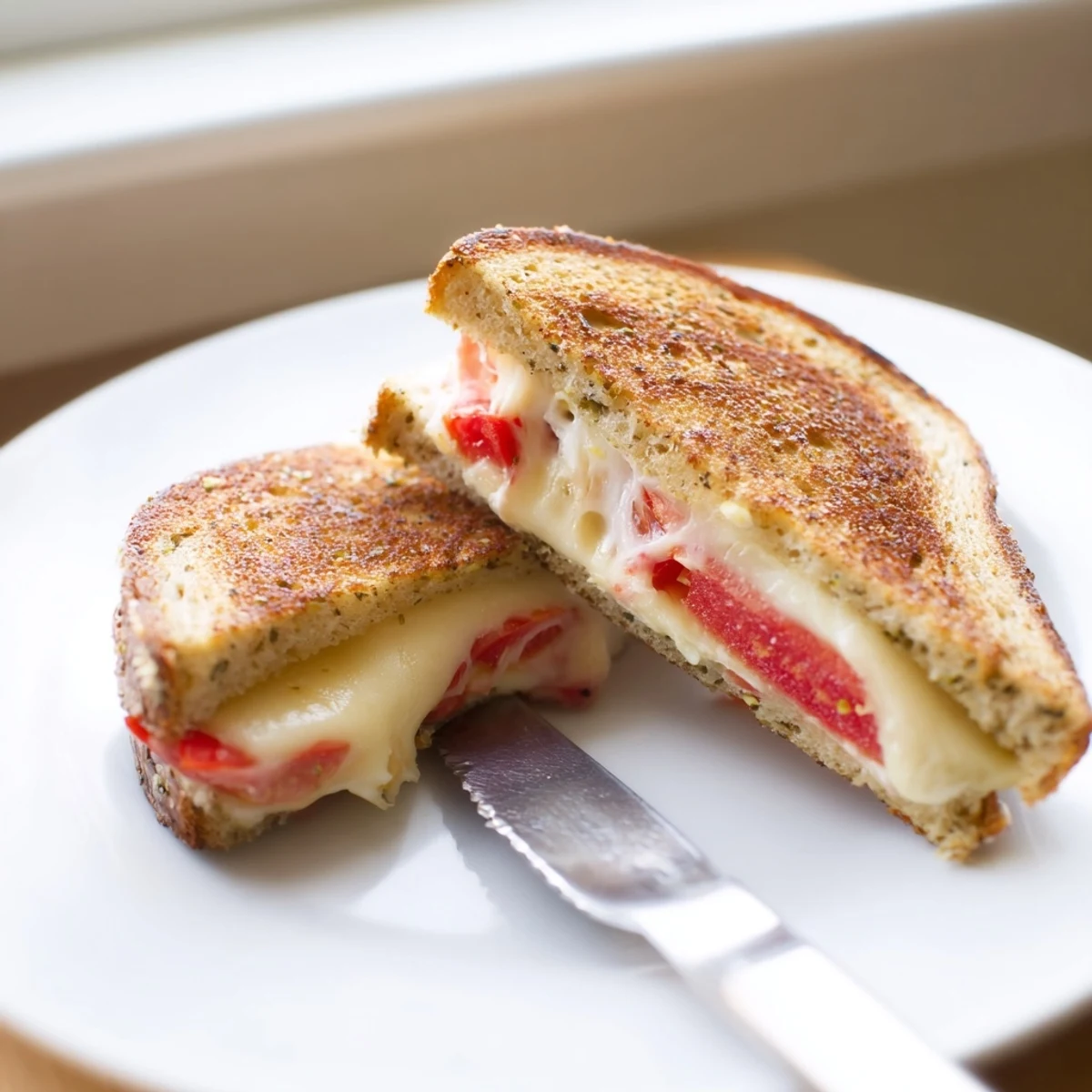 Golden-brown jalapeño-studded bread holds melted pepper jack cheese and fresh tomato slices in this spicy Pepper Jack & Tomato Grilled Cheese, served hot from the skillet.