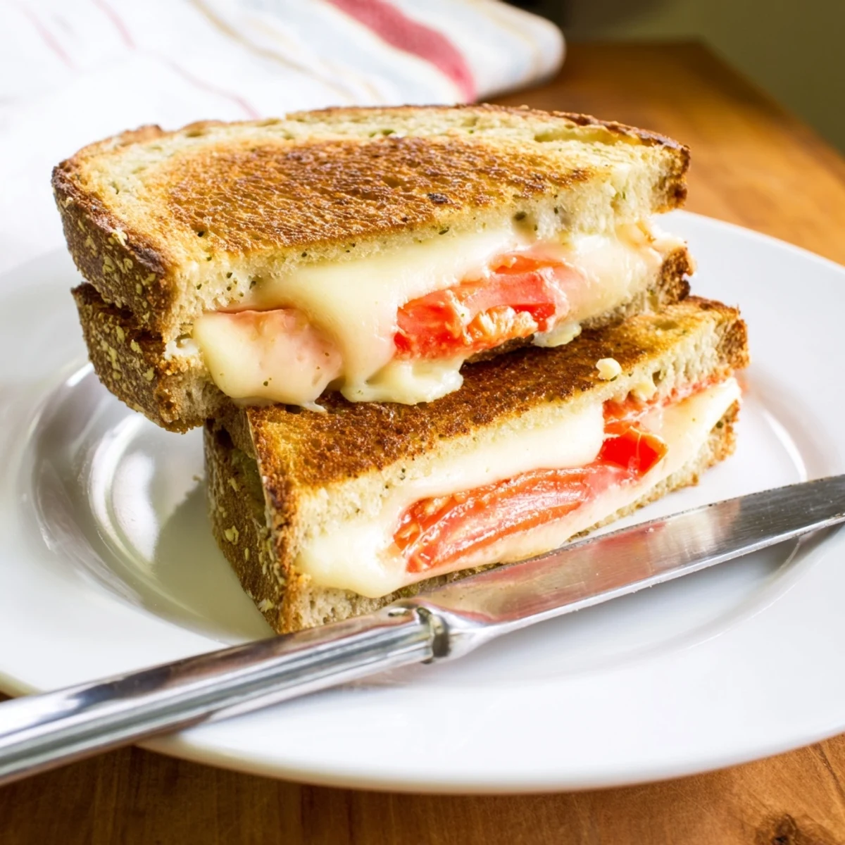 This Pepper Jack & Tomato Grilled Cheese sandwich is cut in half, showing melted cheese and tomato, ready to pair with a bowl of classic tomato soup.