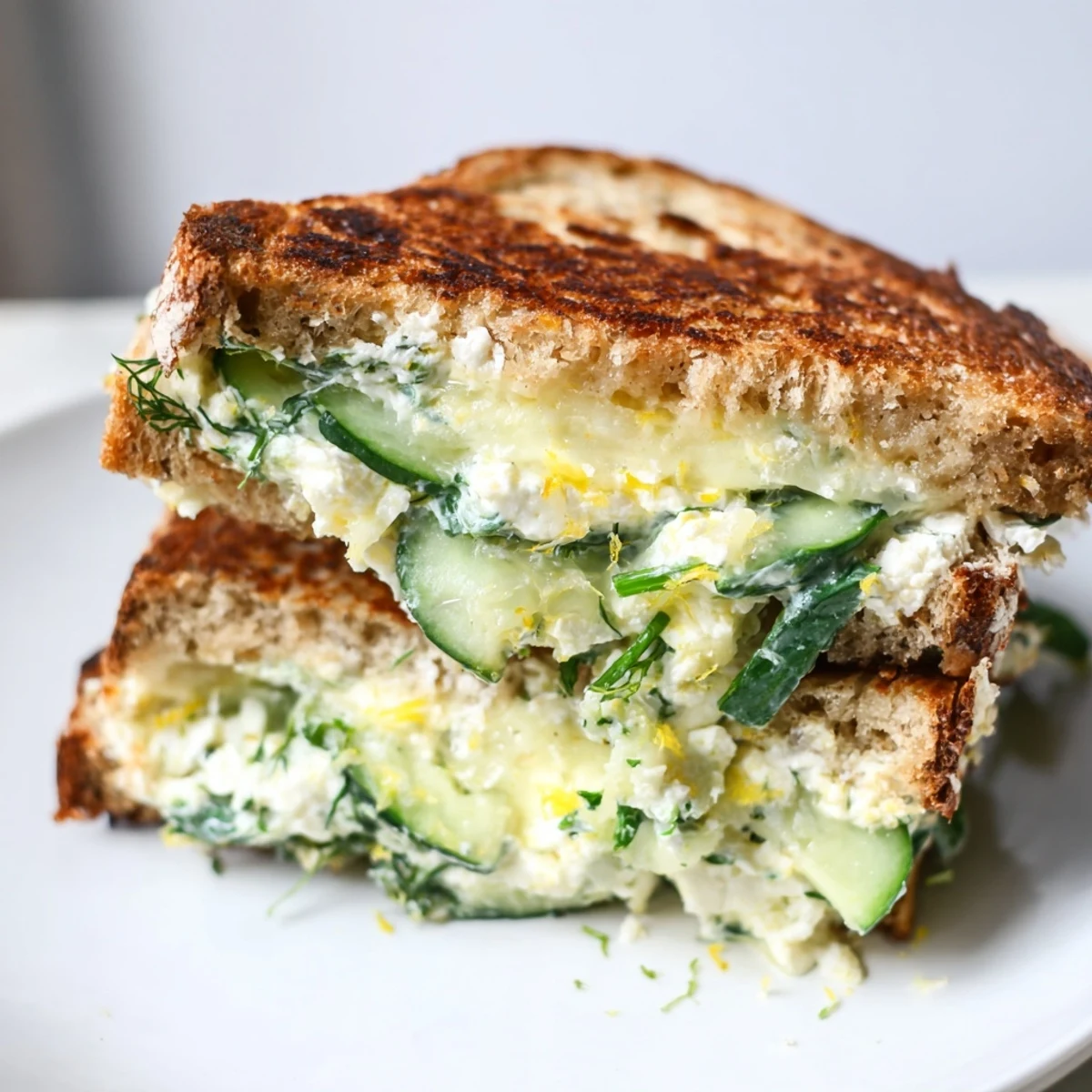 Golden-brown Whipped Feta Spring Grilled Cheese slices resting on a white plate, revealing creamy lemon-dill filling.  