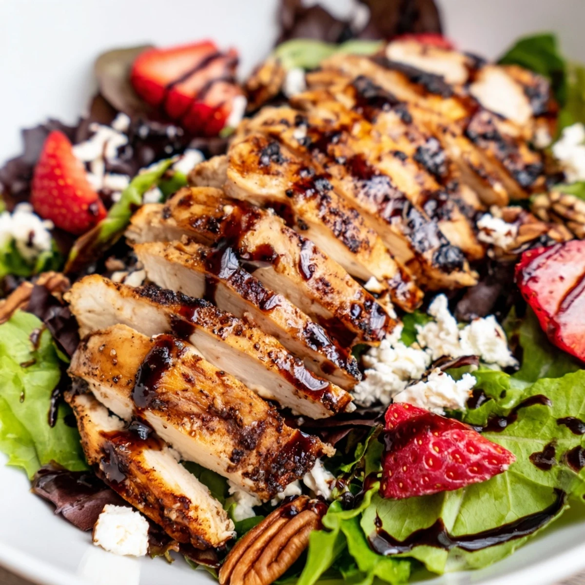 Freshly grilled chicken and sliced strawberries top a vibrant Strawberry Balsamic Chicken Salad with creamy feta.