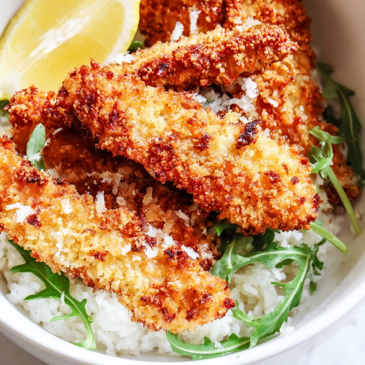 Golden, crispy Parmesan chicken cutlet bowl layered over warm rice and fresh arugula with a lemon wedge.  