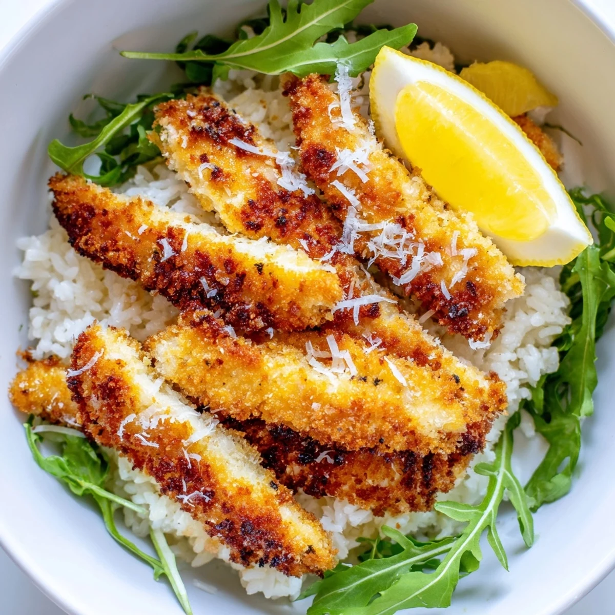 A plated Parmesan chicken cutlet bowl with fluffy rice, greens, and a bright squeeze of lemon.  