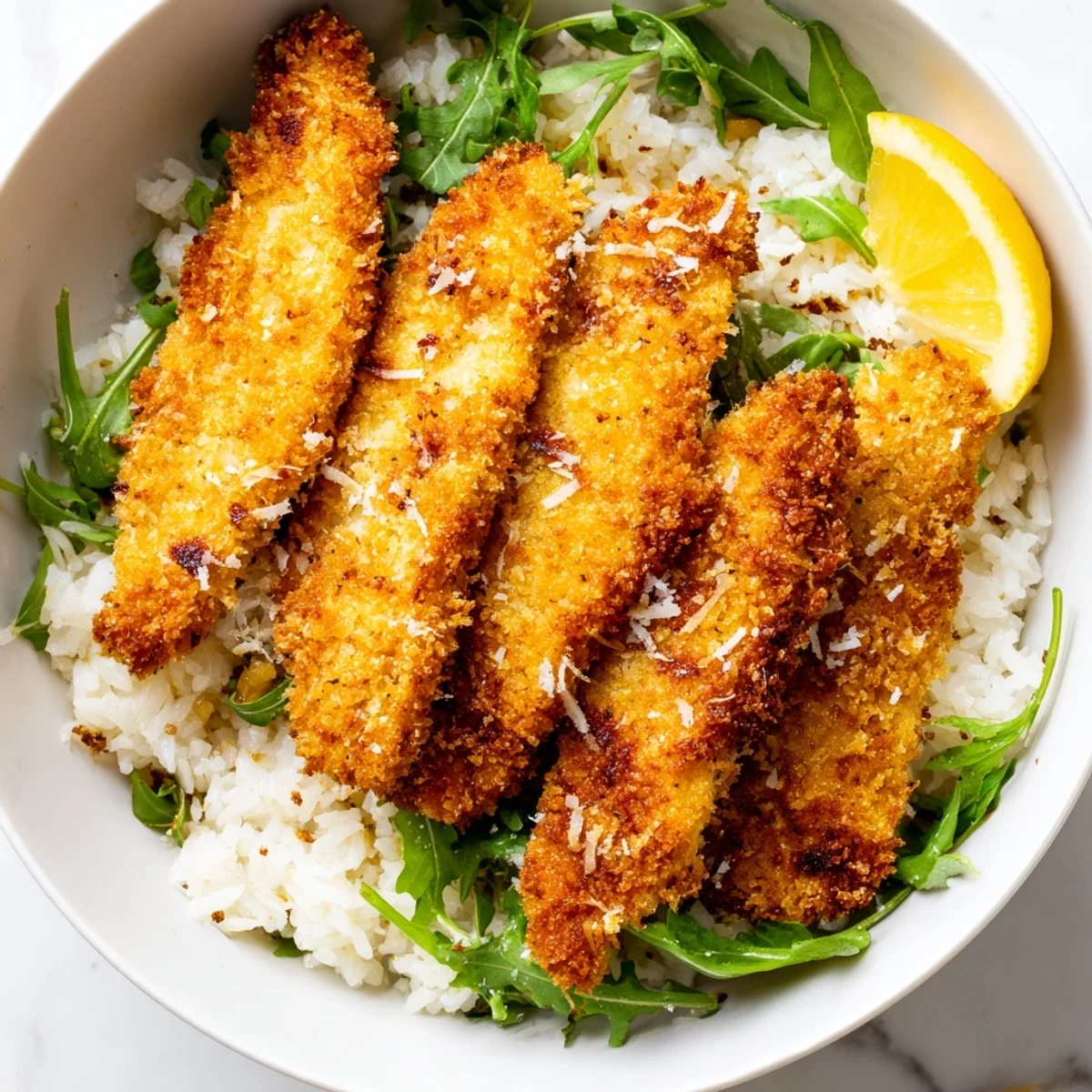 Close-up of a crispy Parmesan chicken cutlet bowl with golden breading, arugula, and lemon garnish.