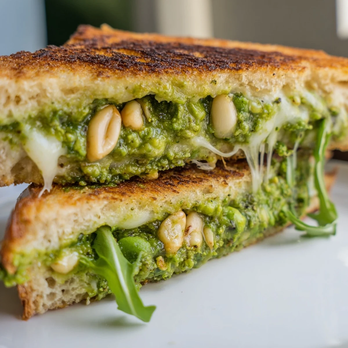 A close-up of a golden, crispy sourdough grilled cheese sandwich filled with vibrant green spring pea pesto and melted mozzarella.