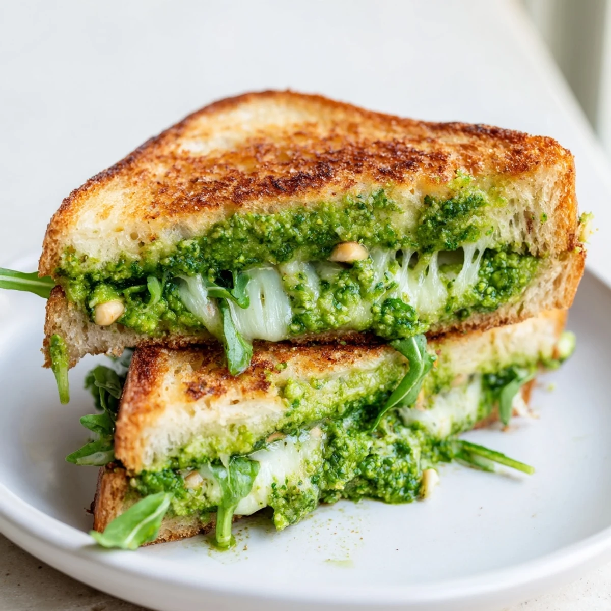 Spring Pea Pesto Grilled Cheese is stacked high, oozing with creamy cheese and bright pesto on a rustic wooden cutting board.