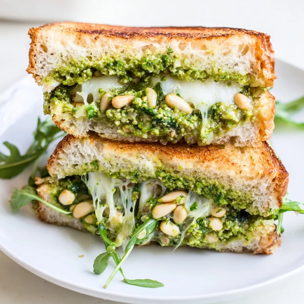 Melted mozzarella and bright green spring pea pesto spill from a toasted sourdough sandwich, served warm for a comforting lunch.