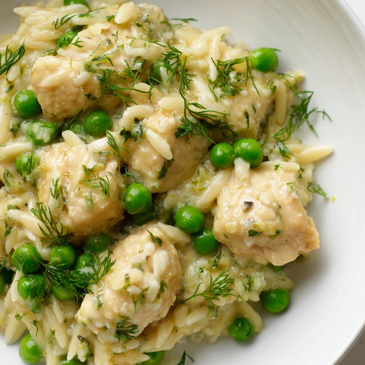 Golden-brown chicken pieces, fresh green peas, and orzo pasta simmer in a zesty lemon herb sauce inside a warm skillet.