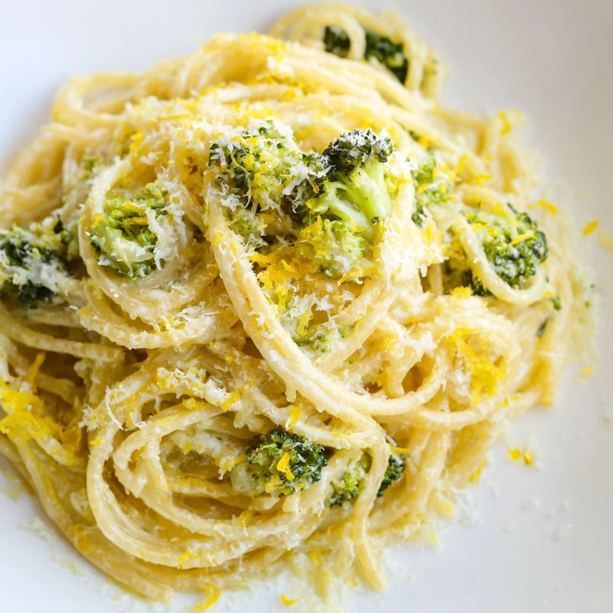 Fresh lemon zest and grated Parmesan garnish this One-Pot Lemon Broccoli Pasta, steaming beside a crisp white wine.