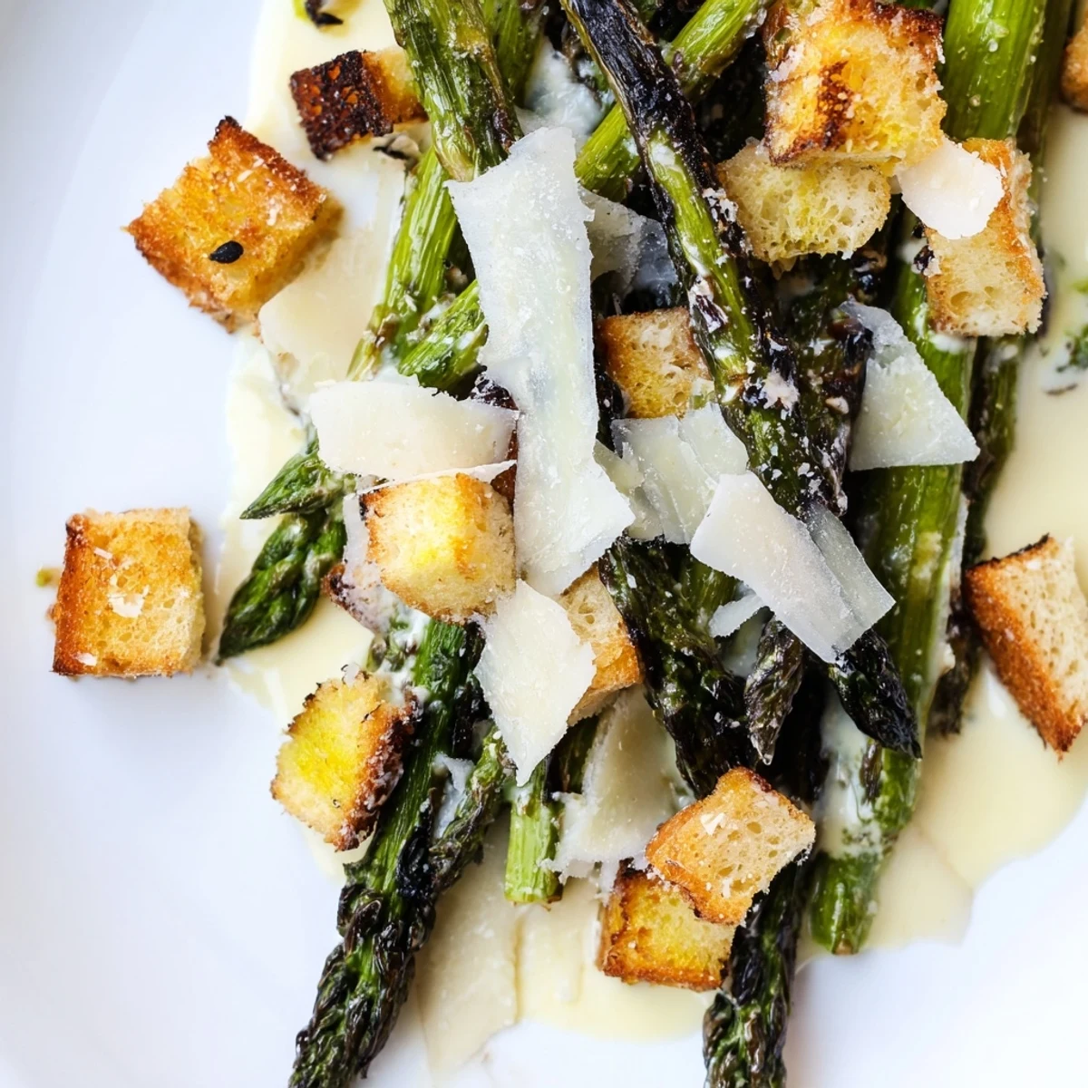 Fresh roasted asparagus Caesar salad featuring tangy yogurt dressing, homemade croutons, and shaved Parmesan garnish.