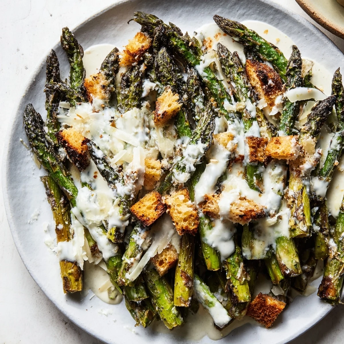 A serving of roasted asparagus Caesar salad with tender spears, romaine, and homemade croutons on a plate.