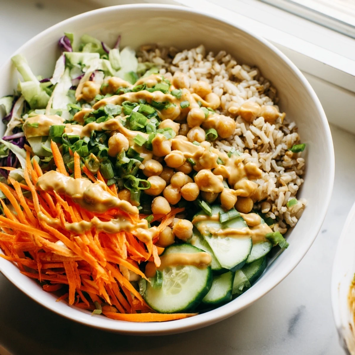 Warm Peanut Chickpea Rice Bowl topped with shredded carrots, red cabbage, and crunchy peanuts.