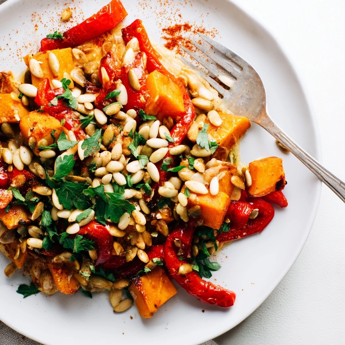 Golden roasted butternut squash and sweet potatoes layered over creamy butter bean hummus, garnished with toasted seeds and fresh parsley.