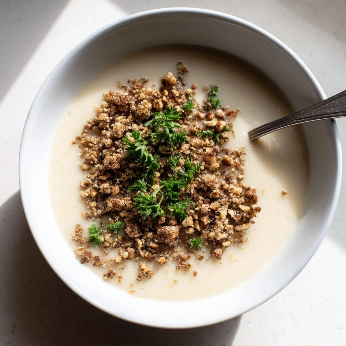 Silky roasted celeriac soup topped with a golden hazelnut crumble, garnished with fresh parsley.