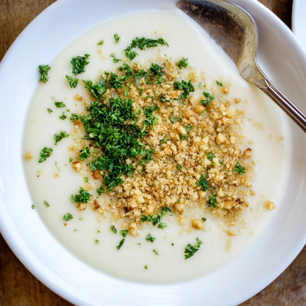 Homemade celeriac soup with hazelnut crumble, served warm as a perfect autumn appetizer.