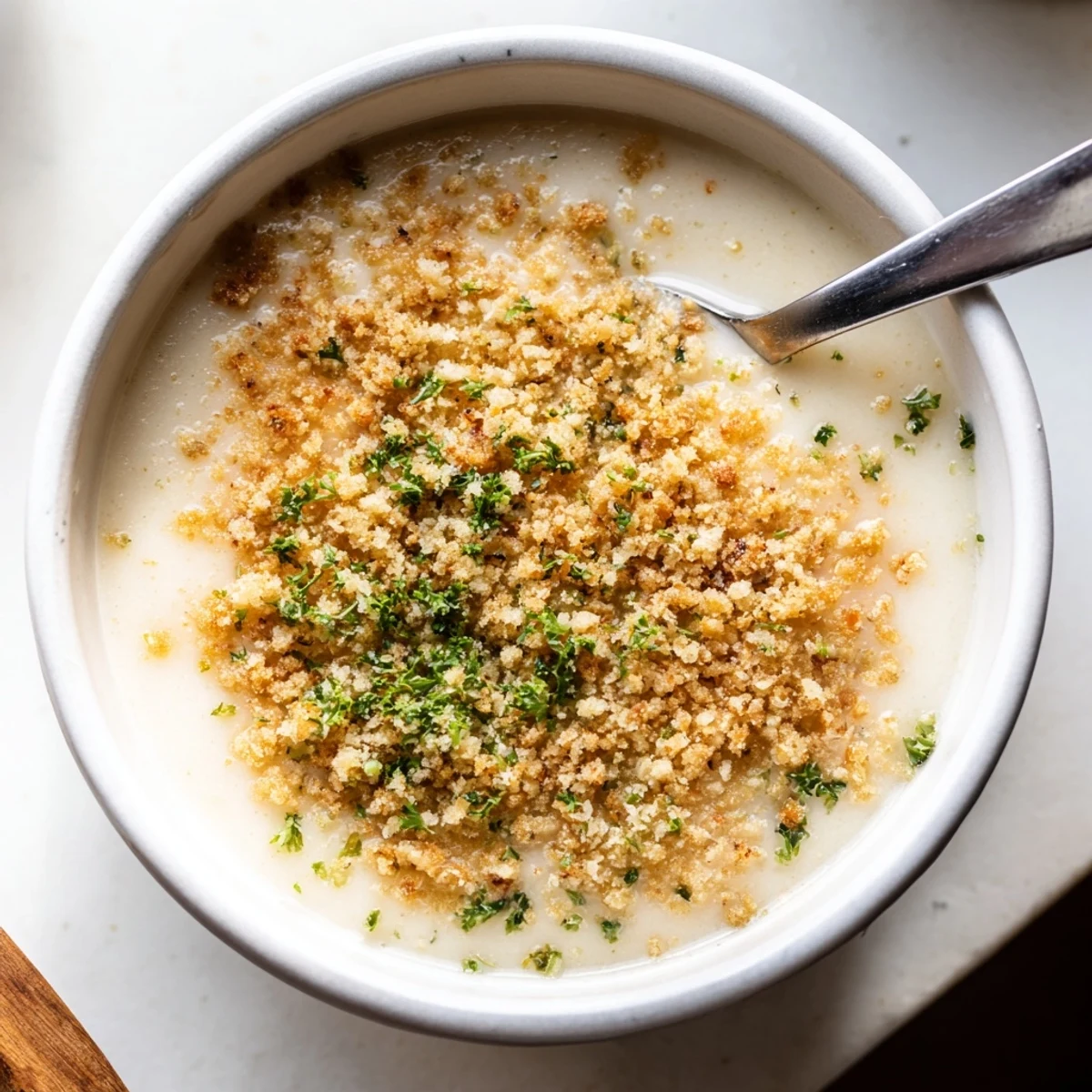 A bowl of creamy vegetarian soup featuring velvety celeriac and crunchy toasted hazelnut topping.